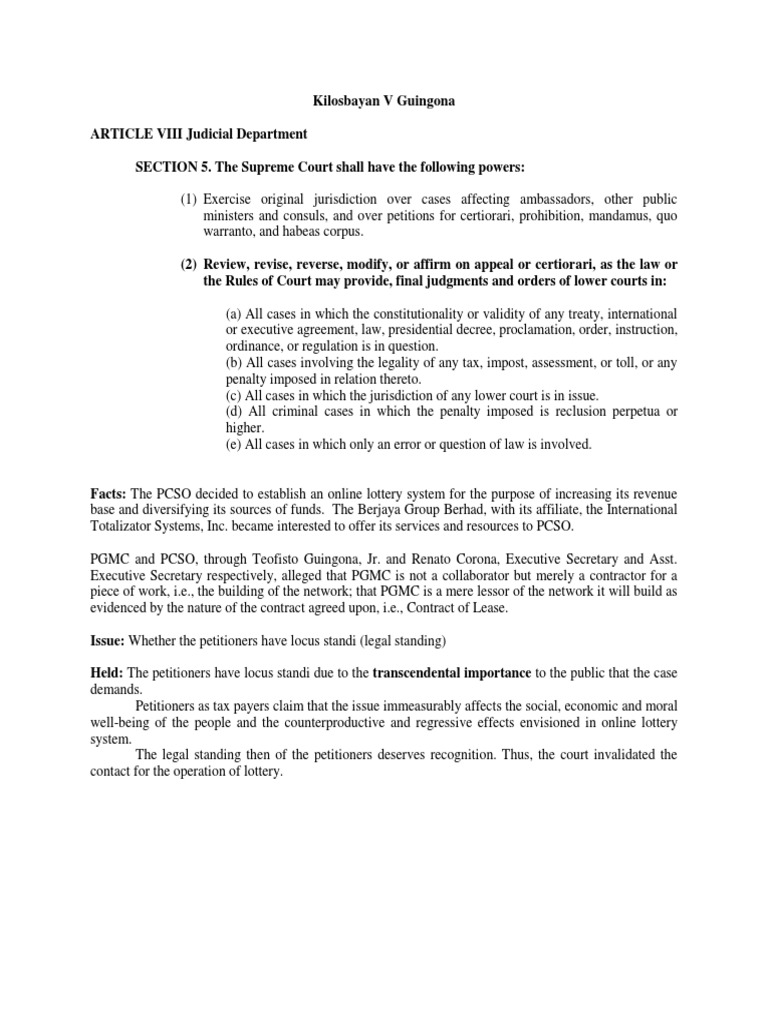 Kilosbayan V Guingona | PDF | Standing (Law) | Public Law