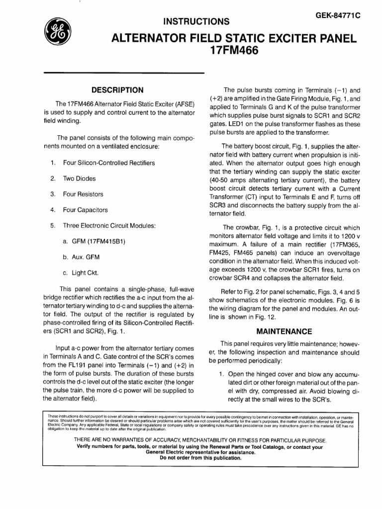 50 GEK 84771C Alternator Field Static Exciter Panel PDF PDF