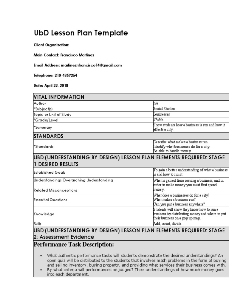 Ubd Lesson Plan Template 2 PDF Lesson Plan Change