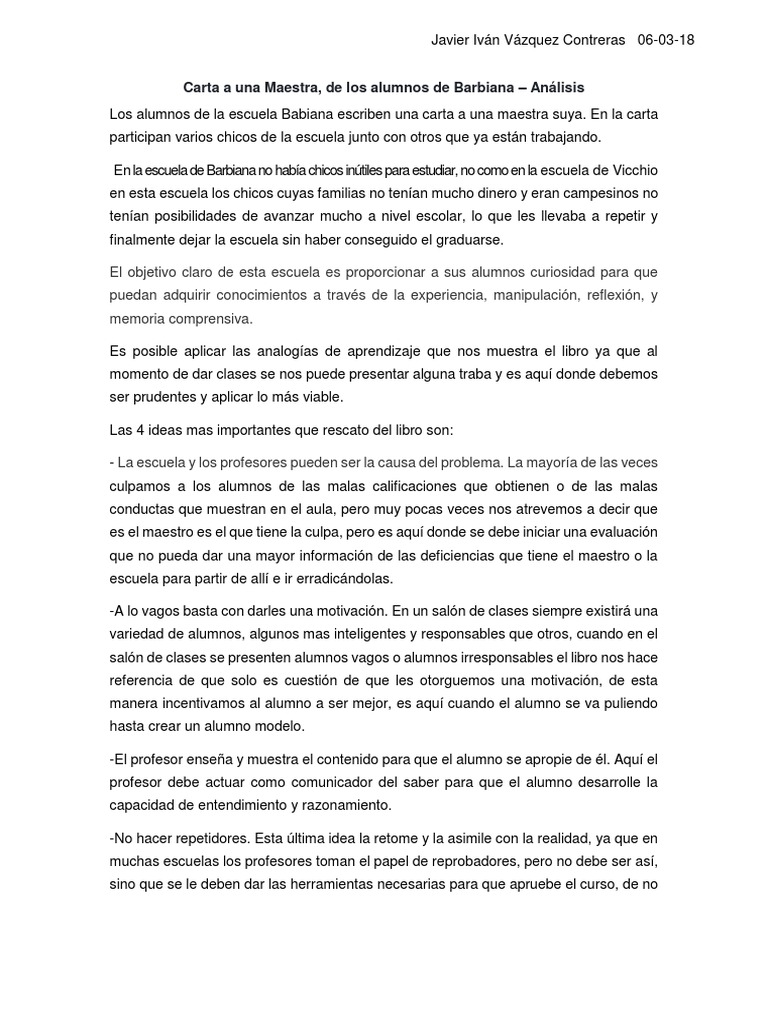 Carta de alumnos a su maestra | PDF | Maestros | Sicología