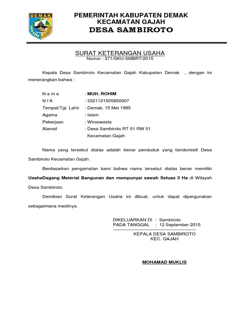 Surat Keterangan Usaha Rokim