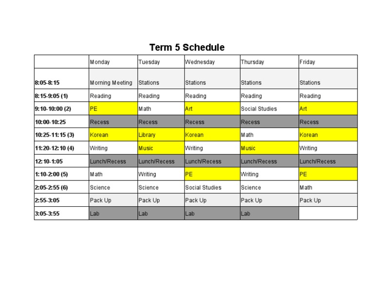 Term 5 Weekly Class Schedule | PDF | Language Arts & Discipline ...