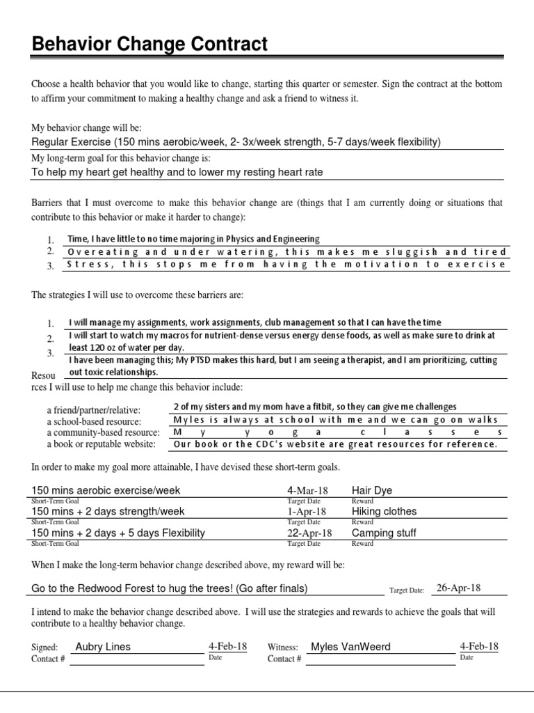 Health Behavior Change Contract Template | PDF | Physical Exercise | Goal