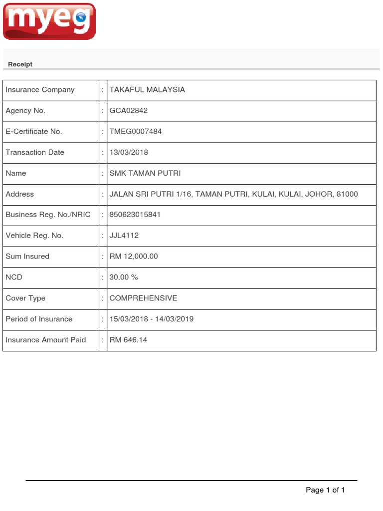 MyEG Insurance Payment Receipt | PDF