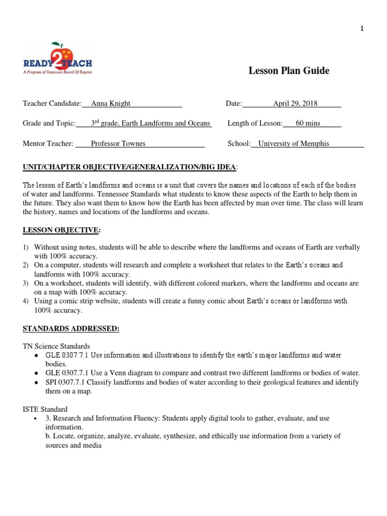 Lesson Plan Guide: Unit/Chapter Objective/Generalization/Big Idea | PDF ...