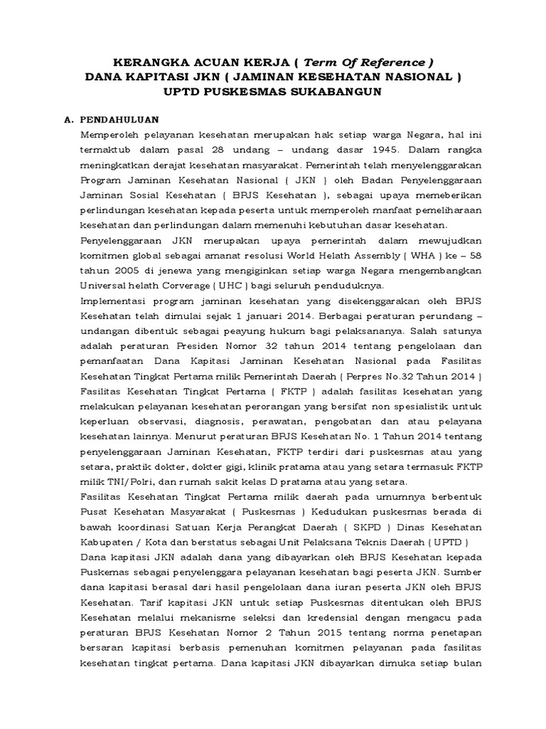 Kerangka Acuan Kerja Dana Kapitasi JKN | PDF