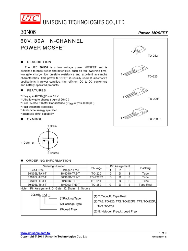 30N06 Datasheet | PDF | Mosfet | Field Effect Transistor