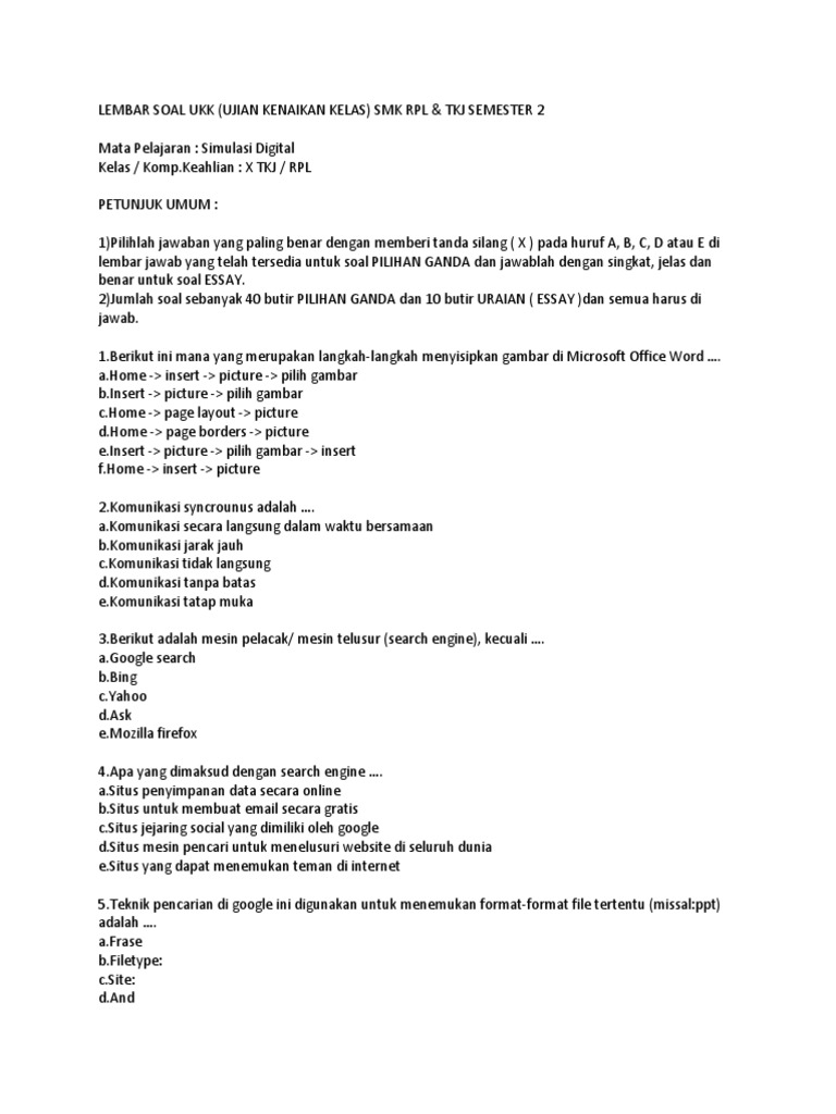 Jawaban Soal Ukk Simdig Kelas 10 Semester 2 Edmodo