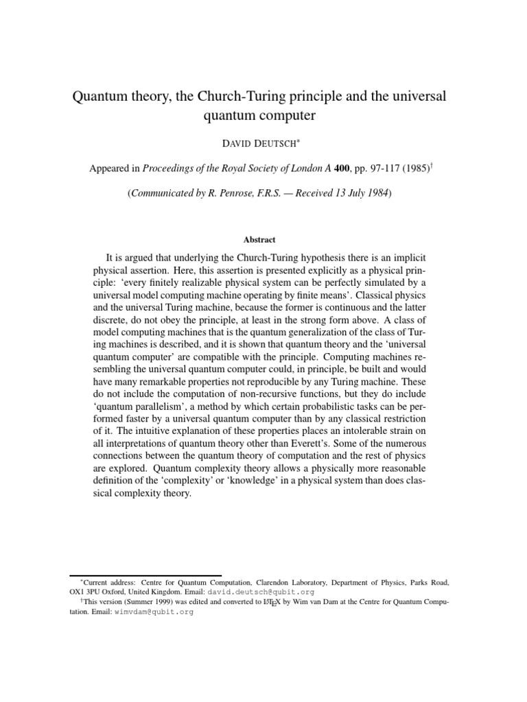 Quantum Theory and Universal Computation | PDF | Quantum Mechanics ...