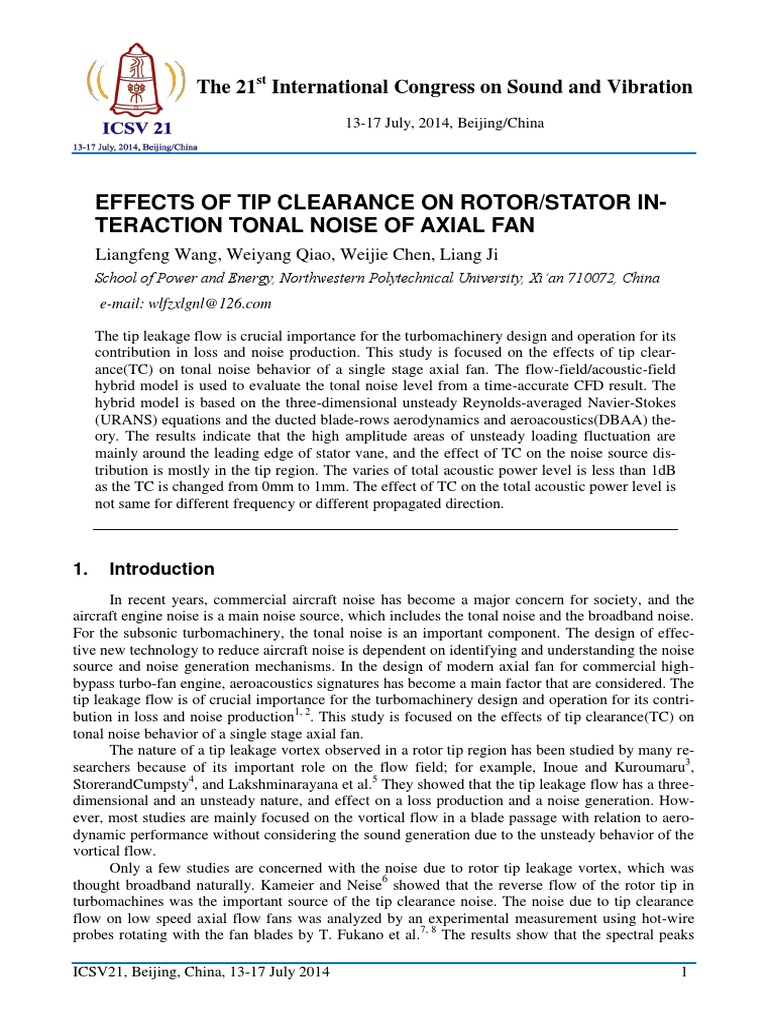 Effects of Tip Clearance On Rotor/Stator In-Teraction Tonal Noise of ...
