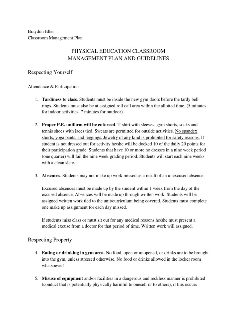 Physical Education Classroom Management Plan and Guidelines Respecting ...