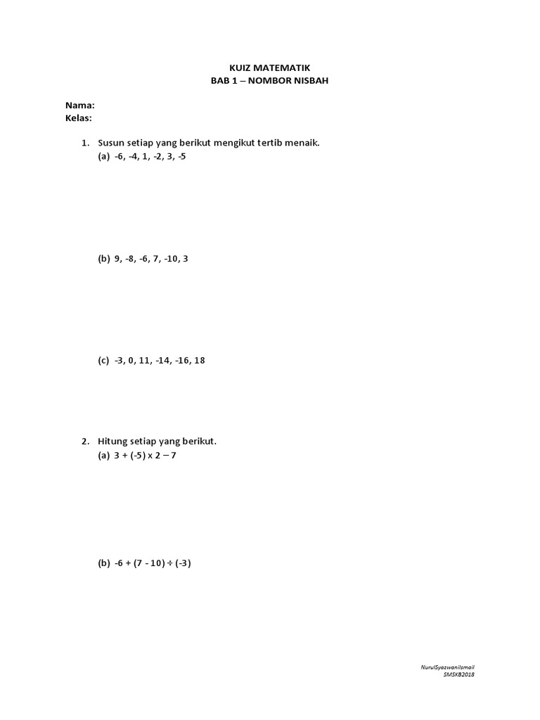 Kuiz Matematik Bab 1 Nombor Nisbah Pdf