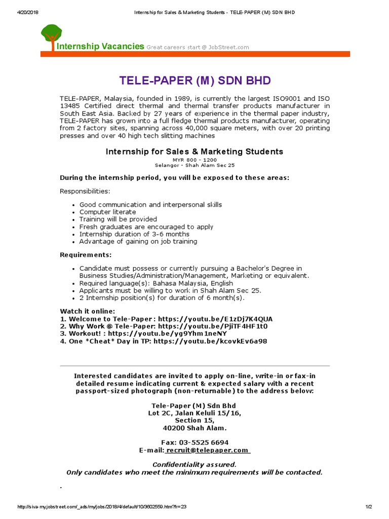 Internship For Sales Marketing Students Tele Paper M Sdn Bhd Pdf Internship Job Hunting