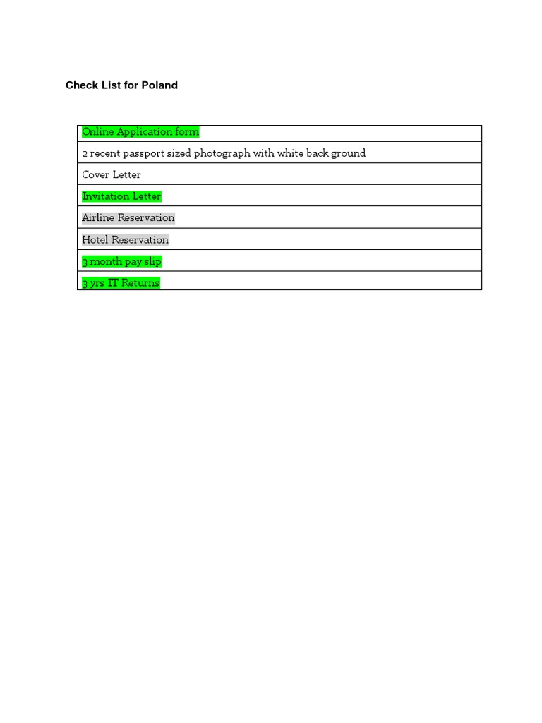 Poland Visa Application Checklist | PDF