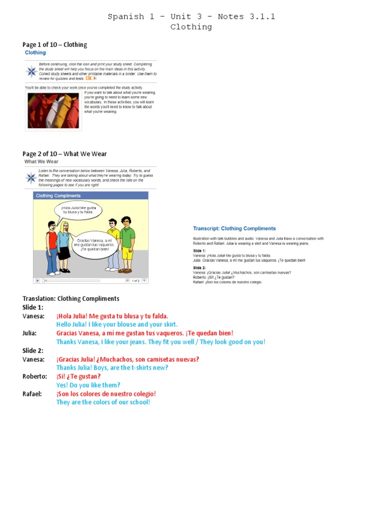 Spanish 1 - Unit 3 - 3.1.1 Notes | PDF | Ropa | Tendencias culturales