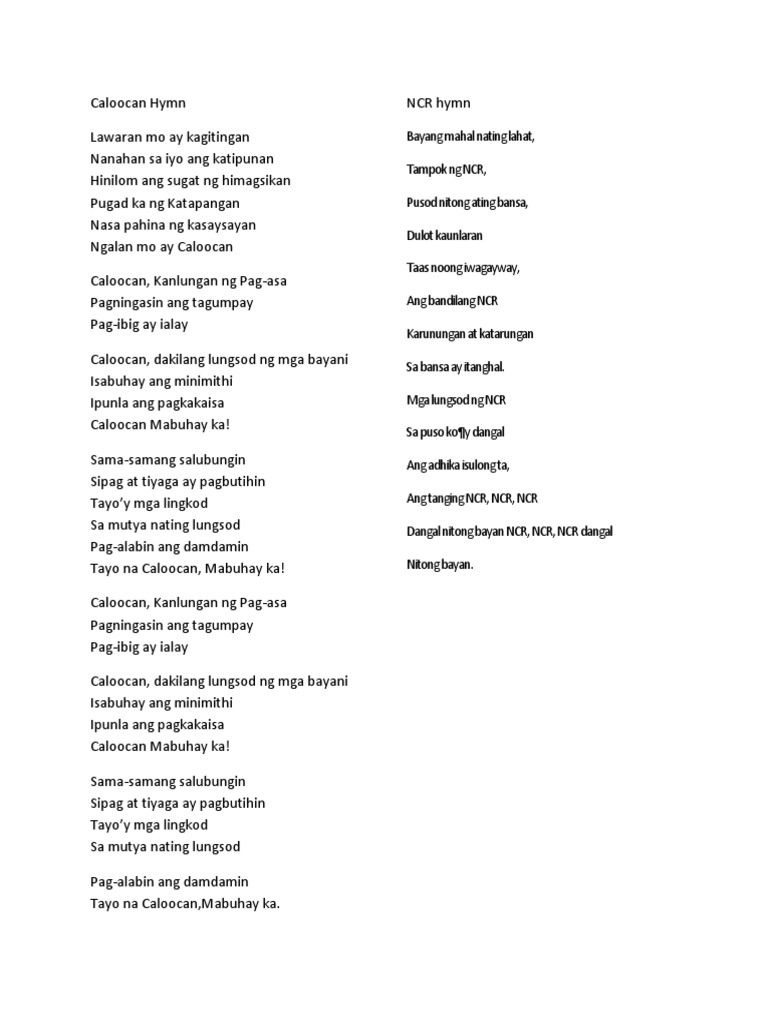 Image Result For Caloocan Hymn Lyrics Tagalog Lang