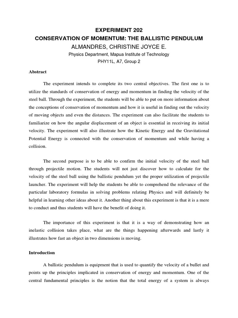 Experiment 202 Conservation of Momentum: The Ballistic Pendulum | PDF ...