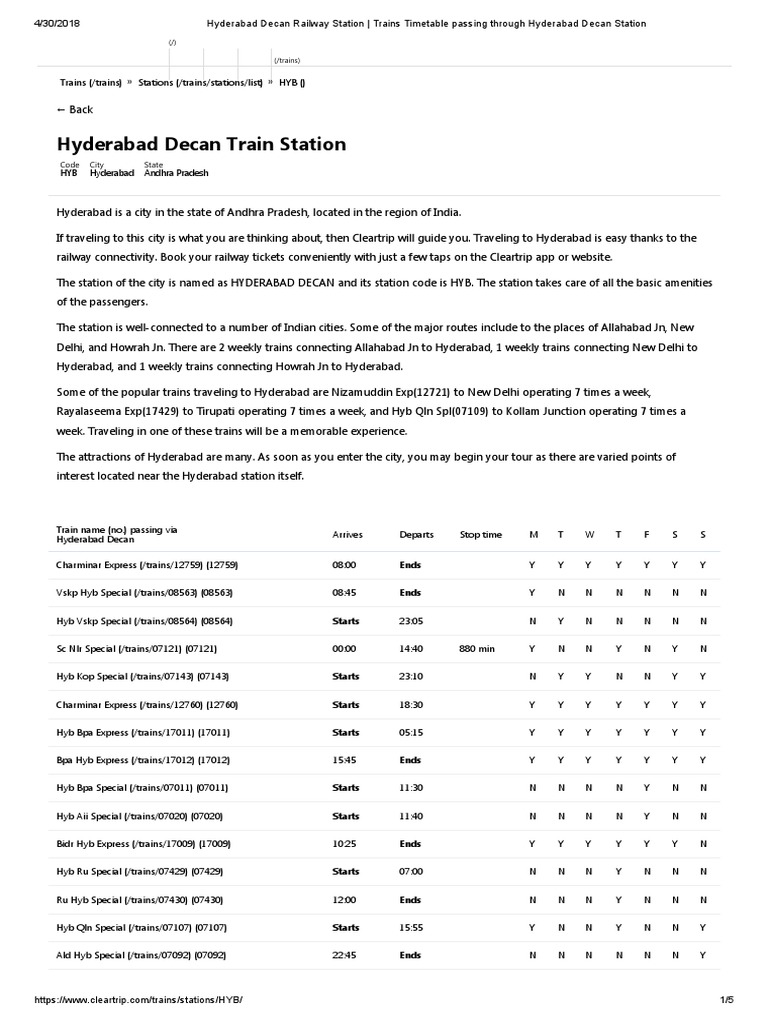 Train Schedule Hyderabad Station | PDF | Hotel | Rail Transport