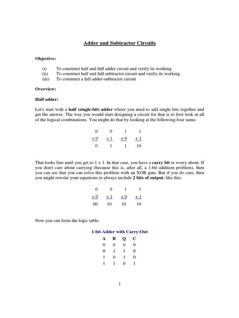 Adder and Subtractor Circuit Design | PDF | Electronic Circuits ...