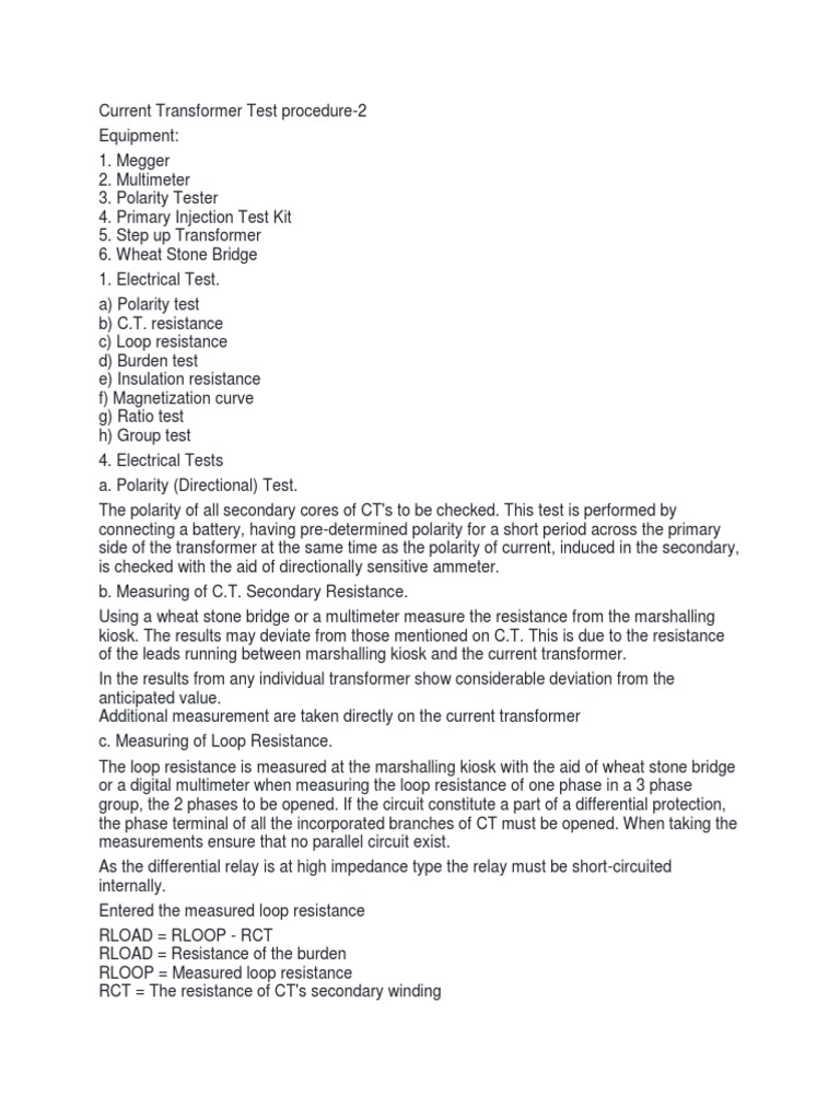 Current Transformer Test Procedure PDF Transformer Electrical Equipment