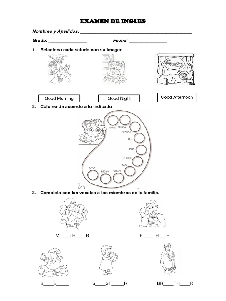Examen De Ingles Para Nios De Primer Grado De Primaria INGLÉS PARA