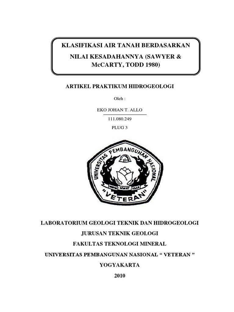 Klasifikasi Air Tanah Berdasarkan Nilai Kesadahannya (Sawyer & McCarty
