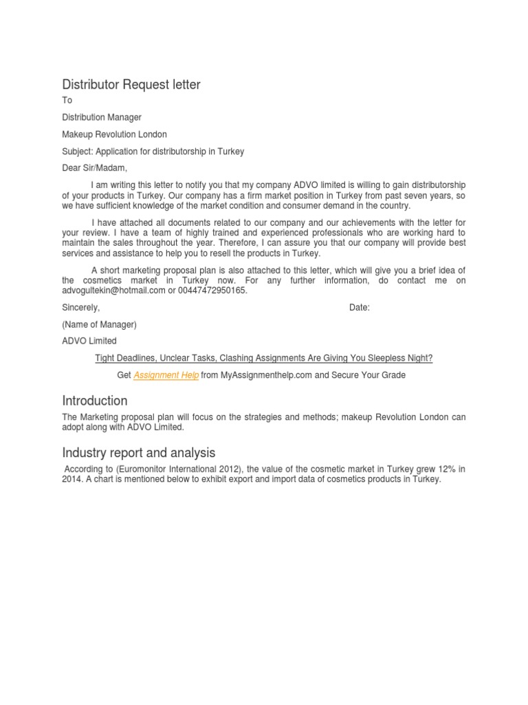 Distributor Request Letter: Assignment Help | PDF | Cosmetics | Market ...