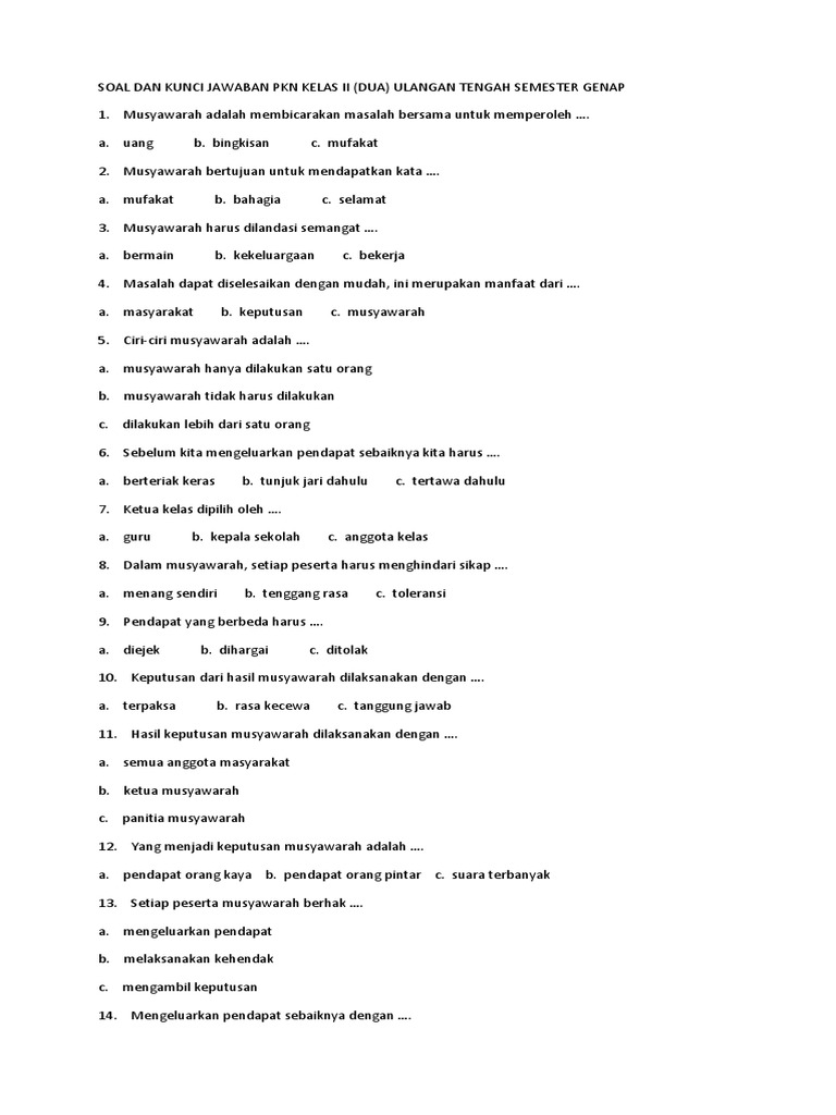 Soal Pkn Kelas Ii Musyawarah