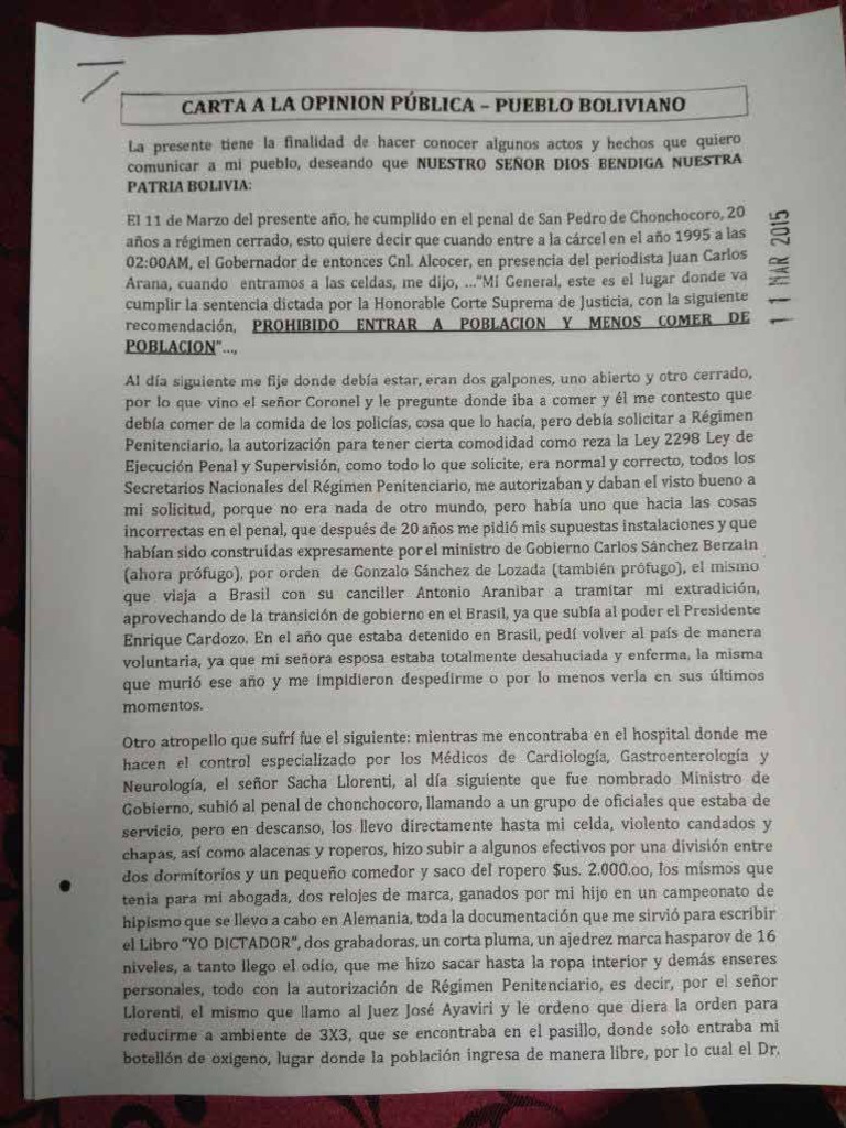 Carta del exgeneral del Ejército Luis García Meza