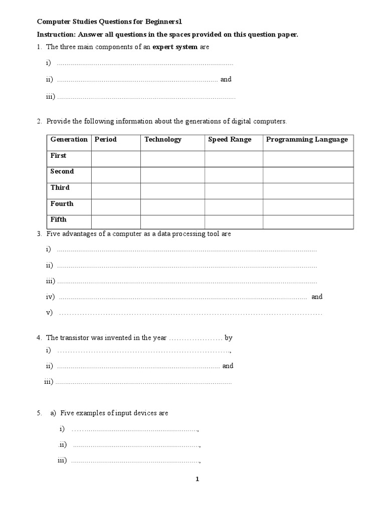 Computer Studies Questions For Beginners1 Instruction: Answer All ...