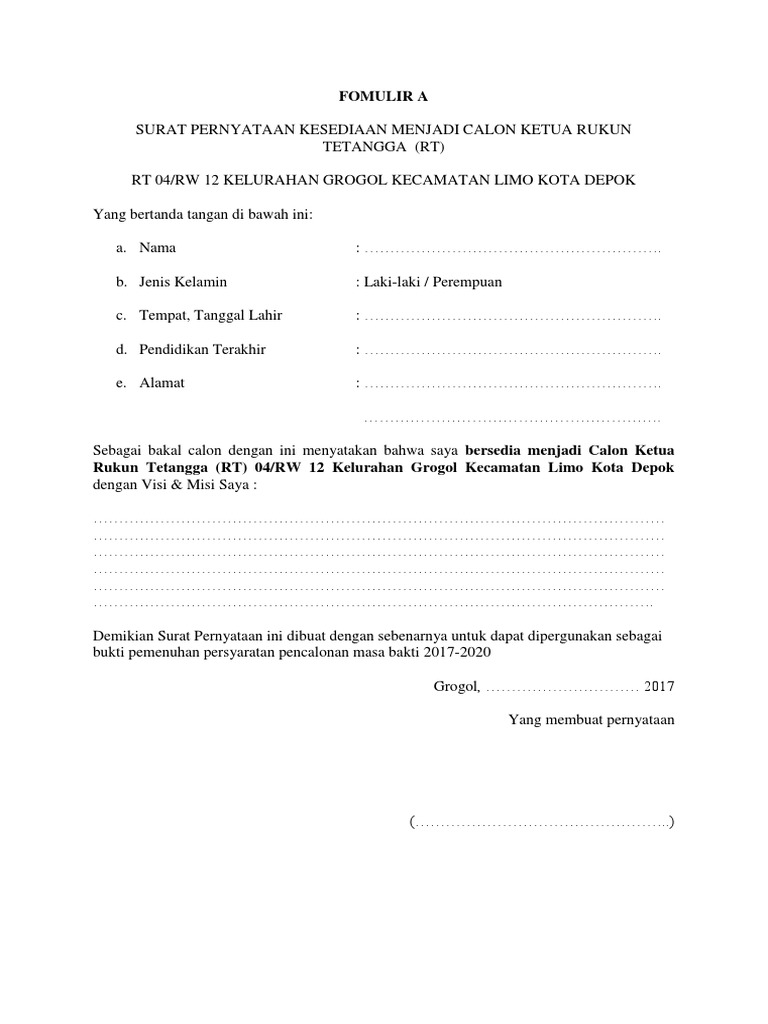 Formulir Pendaftaran Ketua Rt