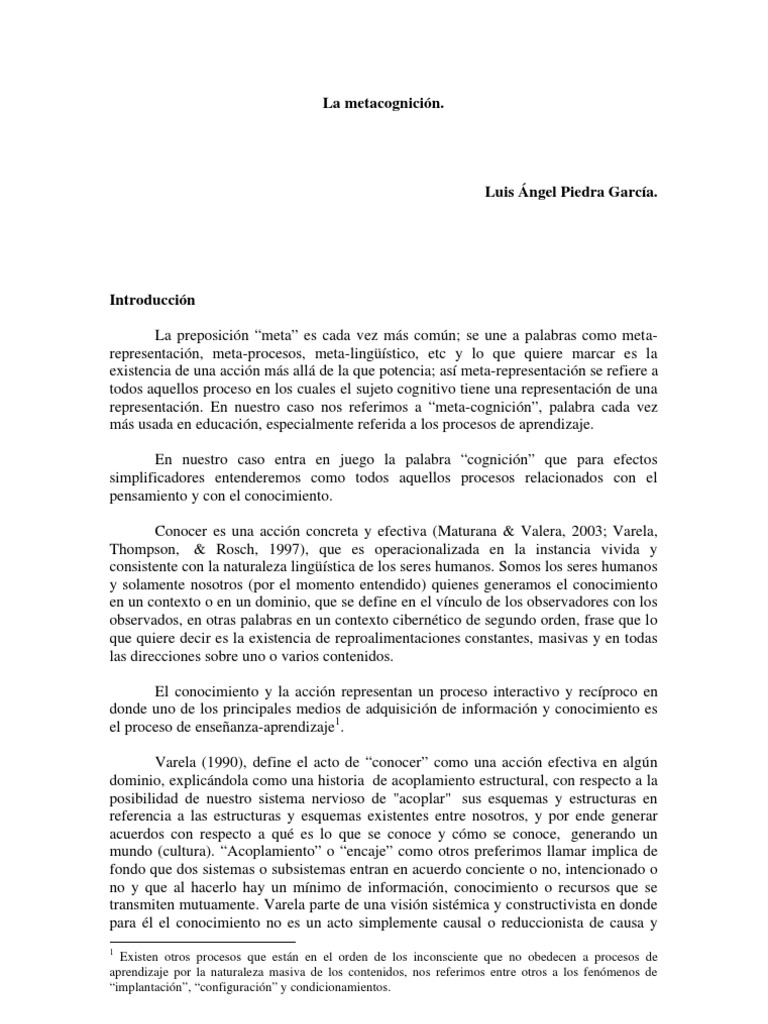 Metacognición en el Aprendizaje Educativo | PDF | Teoria de la mente ...