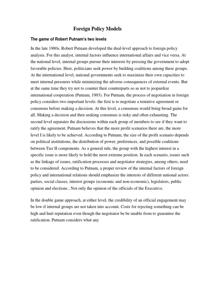 Foreign Policy Models The Game of Robert Putnam's Two Levels