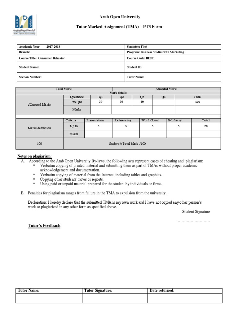 Arab Open University Tutor Marked Assignment (TMA) - PT3 Form | PDF ...