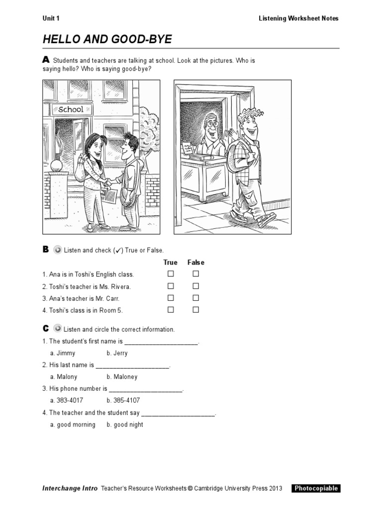 Hello and Goodbye Listening Worksheet | PDF