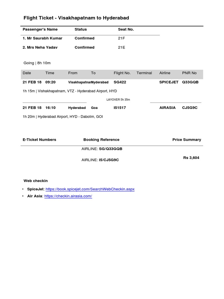 Flight Ticket Visakhapatnam To Hyderabad 1h 15m Vishakhapatnam