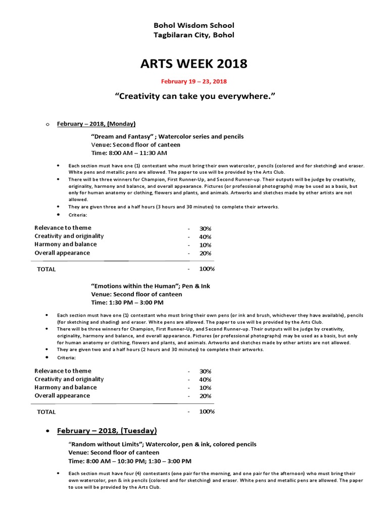 Arts Week Plan For Advisers | PDF | Pen | Writing