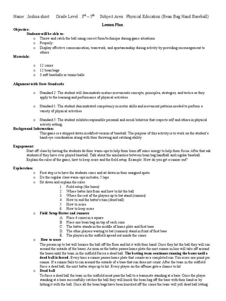 Bean Bag Hand Baseball Lesson Plan | PDF | Baseball Field | Batting ...