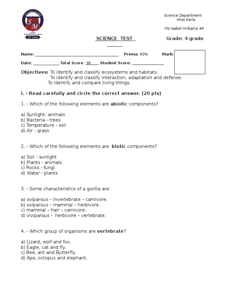 4th Grade Science Test on Ecosystems | PDF | Mammals | Predation