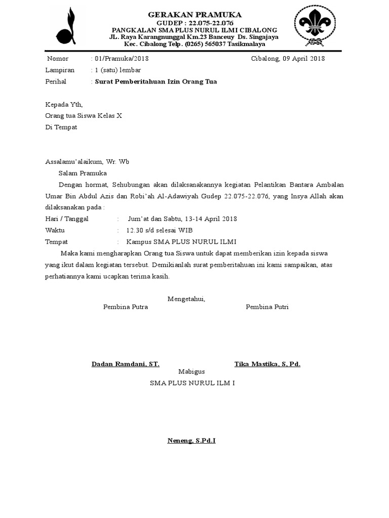 Surat Izin Pramuka Untuk Orang Tua Contoh Seputar Surat