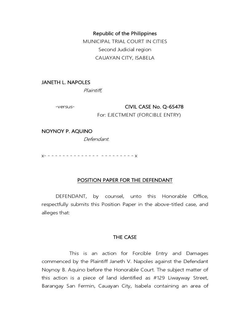 Sample Position Paper - Defendant - Forcible Entry Case | PDF | Benigno ...