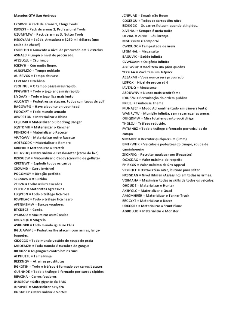 FABINHO DICA E MAIS: GTA San Andreas PC: Senhas, Cheats, Manhas, Macetes,  Dicas e códigos. Manhas GTA San Andreas PC Senhas, cheats e códigos para o GTA  San Andreas no PC cheats