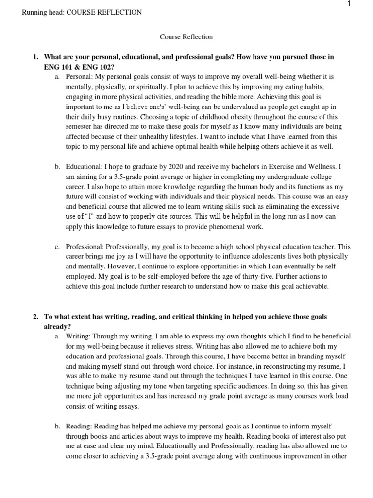 Course Reflection on Personal Goals | PDF | Goal | Physical Education