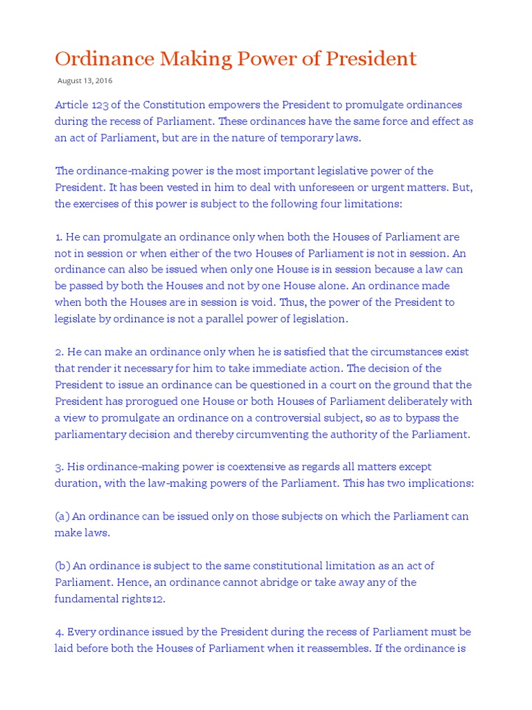 Ordinance Making Powers of The President | PDF | Parliament Of The ...