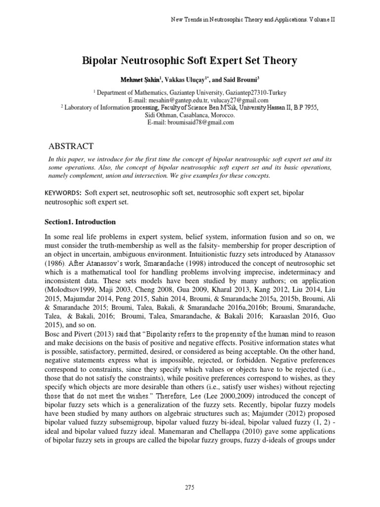 Bipolar Neutrosophic Soft Expert Sets | PDF | Set (Mathematics) | Fuzzy ...