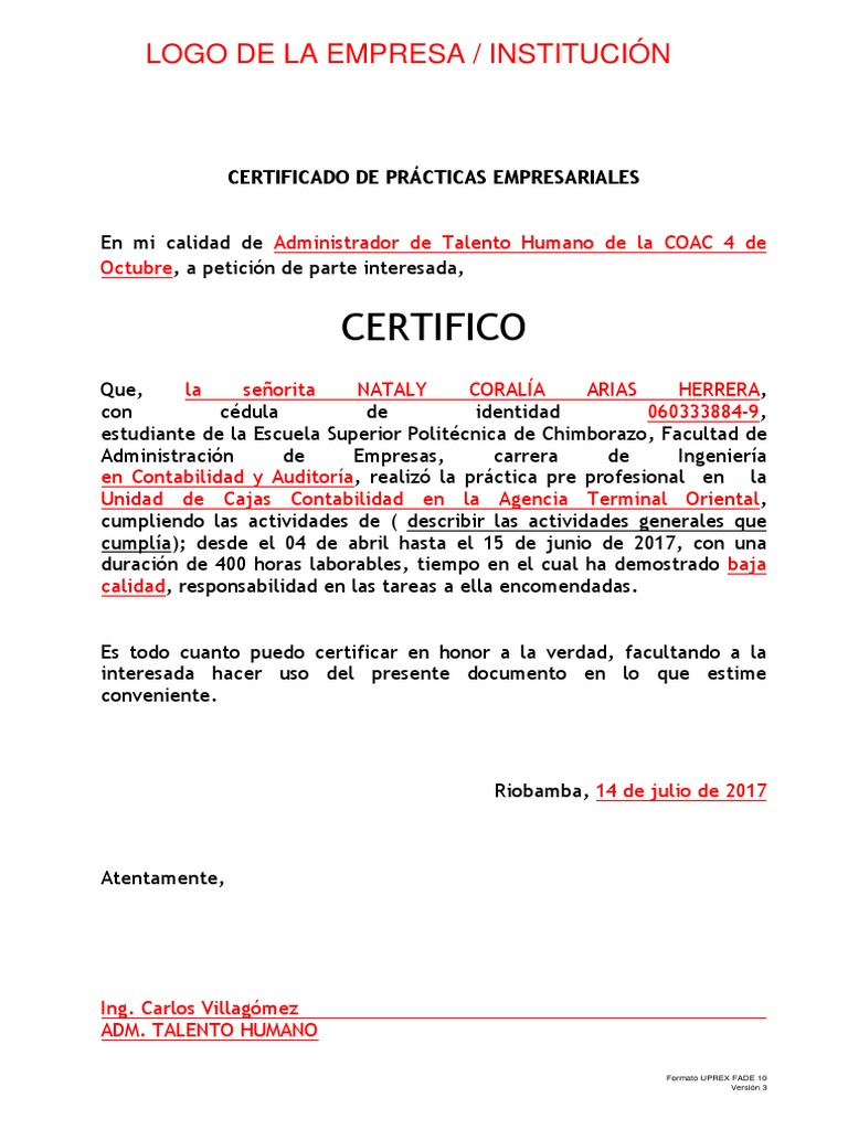 Formato Uprex Fade 10 Certificado De Practicas Pre Profesionales