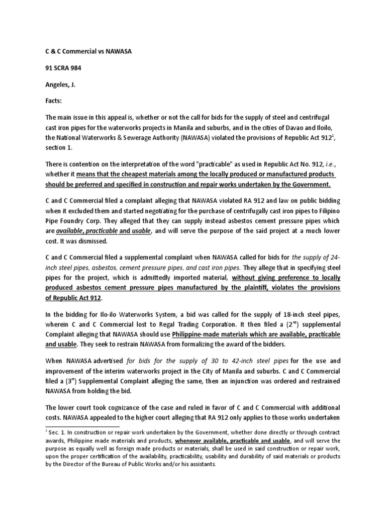 Case Digest C C Commercial Corp Vs Nawasa Statutory Interpretation Complaint
