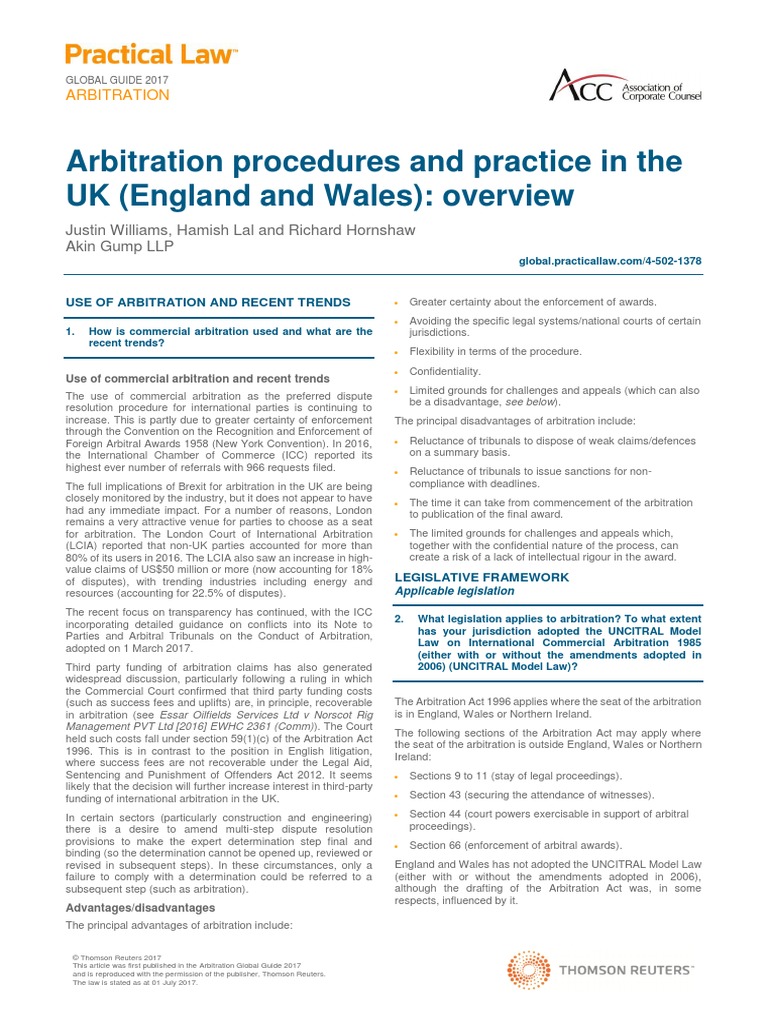 Arbitration Procedures and Practice in the UK England and Wales