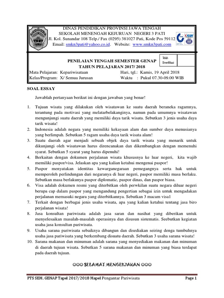 Soal Pengantar Pariwista Pts 2018 Kelas X