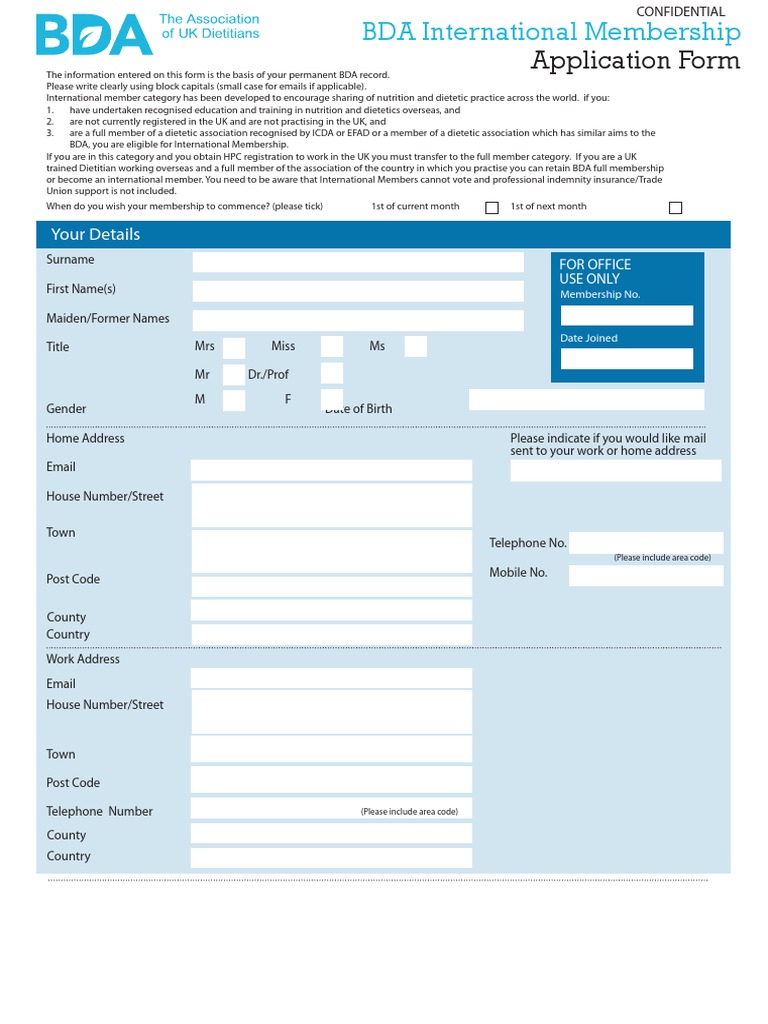 BDA International Membership Application | PDF | Debit Card | Dietitian
